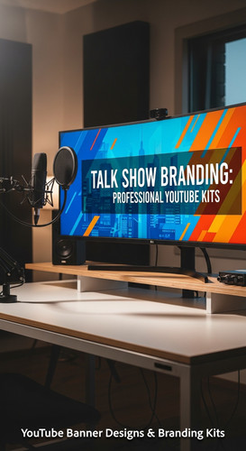A modern studio desk with a microphone and a monitor displaying a talk show banner overlay text Talk.jpg