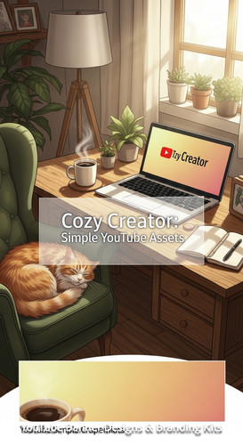 A cozy workspace with a cat and a screen displaying a generic placeholder banner overlay text Cozy C.jpg