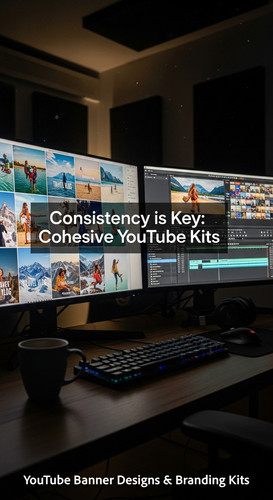 A professional editing bay with dual monitors one showing a travel vlog thumbnail grid overlay text .jpg