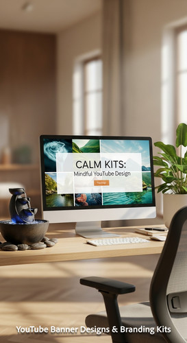 A serene workspace with a fountain and a monitor displaying a meditation channel kit overlay text Ca.jpg