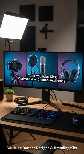 A professional desk setup with a wide monitor showing a multipanel tech review banner overlay text T.jpg