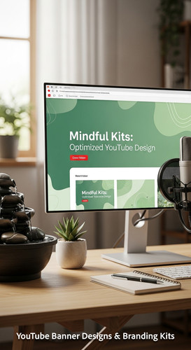 A serene workspace with a fountain and a monitor displaying a mindfulness channel kit overlay text M.jpg