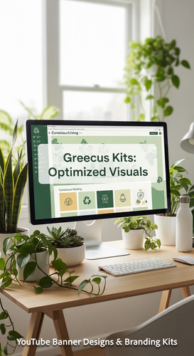 A serene workspace with plants and a monitor displaying a conscious living channel kit overlay text .jpg