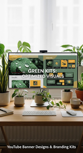 A serene workspace with plants and a monitor displaying a conscious living channel kit overlay text .jpg