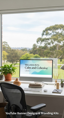 A serene workspace with a window view and a monitor displaying a wellness channel banner overlay tex.jpg