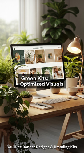A serene workspace with plants and a monitor displaying a conscious living channel kit overlay text .jpg