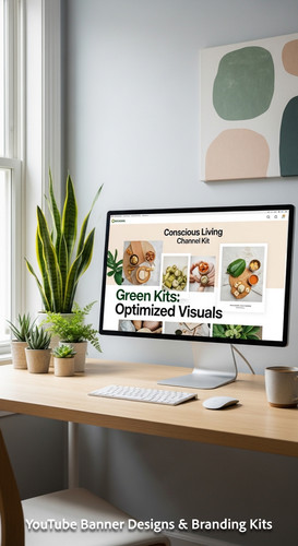 A serene workspace with plants and a monitor displaying a conscious living channel kit overlay text .jpg