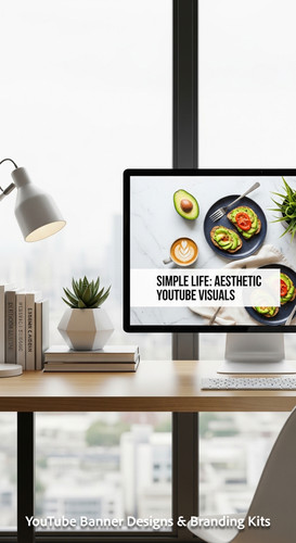 A minimalist loft apartment desk a screen showing a generic lifestyle banner overlay text Simple Lif.jpg