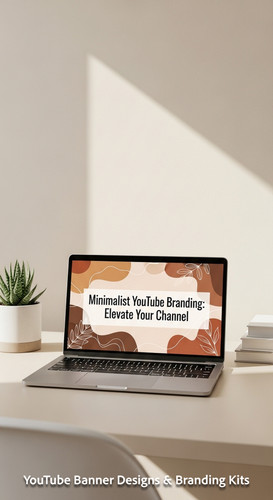 A minimalist beige desk with a MacBook displaying a boho YouTube banner soft light overlay text Mini.jpg