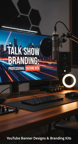 A modern studio desk with a microphone and a monitor displaying a talk show banner overlay text Talk.jpg