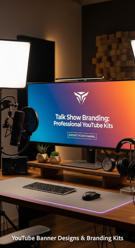 A modern studio desk with a microphone and a monitor displaying a talk show banner overlay text Talk.jpg