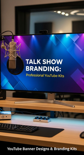 A modern studio desk with a microphone and a monitor displaying a talk show banner overlay text Talk.jpg