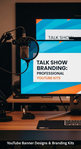 A modern studio desk with a microphone and a monitor displaying a talk show banner overlay text Talk.jpg