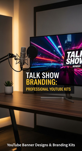 A modern studio desk with a microphone and a monitor displaying a talk show banner overlay text Talk.jpg