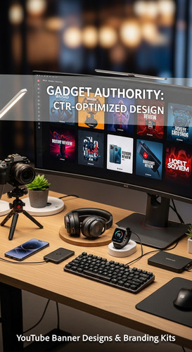 A tech reviewers desk with gadgets and a monitor showing a gadget review thumbnail grid overlay text.jpg