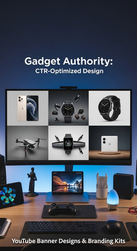 A tech reviewers desk with gadgets and a monitor showing a gadget review thumbnail grid overlay text.jpg