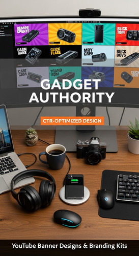 A tech reviewers desk with gadgets and a monitor showing a gadget review thumbnail grid overlay text.jpg