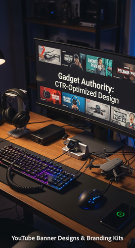 A tech reviewers desk with gadgets and a monitor showing a gadget review thumbnail grid overlay text.jpg