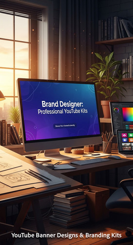 A graphic design studio a monitor displaying a branding portfolio channel art overlay text Brand Des.jpg