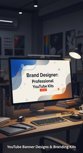 A graphic design studio a monitor displaying a branding portfolio channel art overlay text Brand Des.jpg