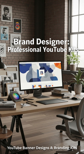 A graphic design studio a monitor displaying a branding portfolio channel art overlay text Brand Des.jpg