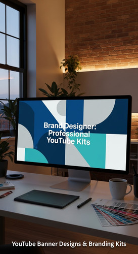 A graphic design studio a monitor displaying a branding portfolio channel art overlay text Brand Des.jpg