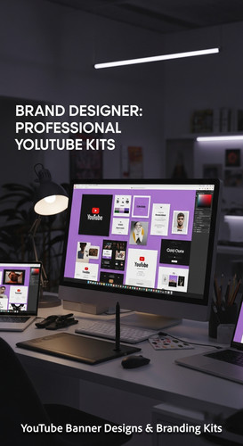 A graphic design studio a monitor displaying a branding portfolio channel art overlay text Brand Des.jpg