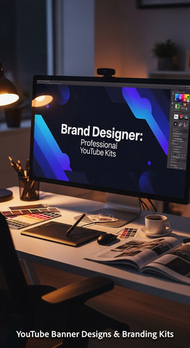A graphic design studio a monitor displaying a branding portfolio channel art overlay text Brand Des.jpg