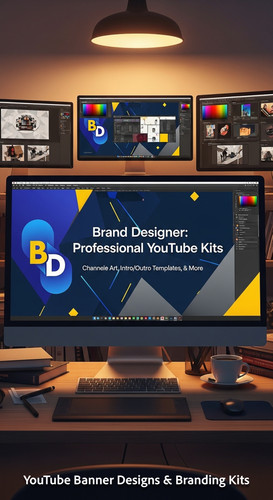 A graphic design studio a monitor displaying a branding portfolio channel art overlay text Brand Des.jpg