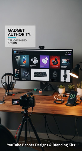 A tech reviewers desk with gadgets and a monitor showing a gadget review thumbnail grid overlay text.jpg