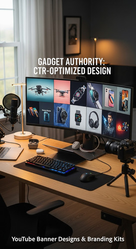 A tech reviewers desk with gadgets and a monitor showing a gadget review thumbnail grid overlay text.jpg