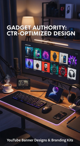 A tech reviewers desk with gadgets and a monitor showing a gadget review thumbnail grid overlay text.jpg