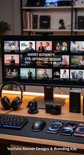 A tech reviewers desk with gadgets and a monitor showing a gadget review thumbnail grid overlay text.jpg