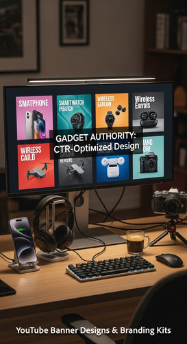 A tech reviewers desk with gadgets and a monitor showing a gadget review thumbnail grid overlay text.jpg