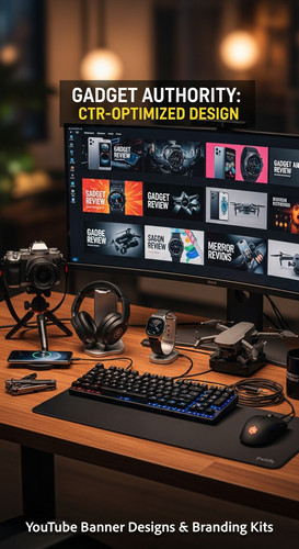 A tech reviewers desk with gadgets and a monitor showing a gadget review thumbnail grid overlay text.jpg