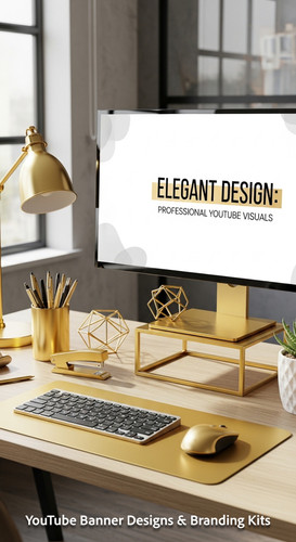A designers desk with gold accessories and a screen showing a sophisticated minimalist banner overla.jpg