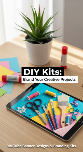 A desk with a plant and a tablet displaying a DIY channel art overlay text DIY Kits Brand Your Creat.jpg