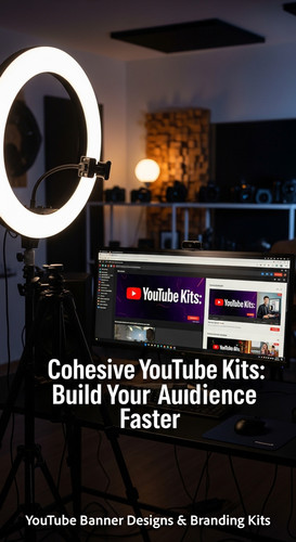 A creators studio with a ring light and a desktop screen featuring a bright cohesive banner and thum.jpg