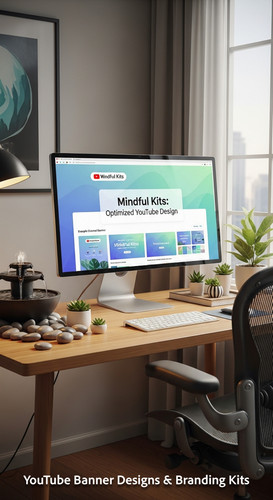 A serene workspace with a fountain and a monitor displaying a mindfulness channel kit overlay text M.jpg