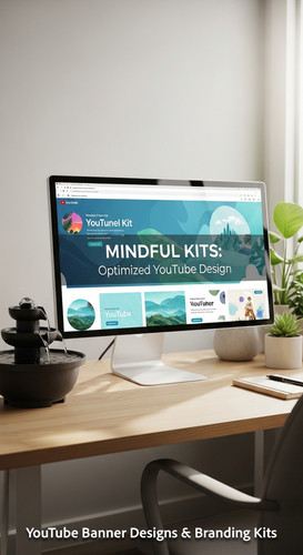 A serene workspace with a fountain and a monitor displaying a mindfulness channel kit overlay text M.jpg