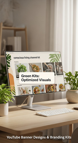 A serene workspace with plants and a monitor displaying a conscious living channel kit overlay text .jpg