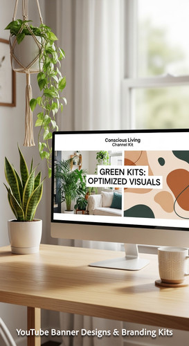A serene workspace with plants and a monitor displaying a conscious living channel kit overlay text .jpg