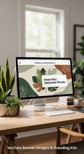 A serene workspace with plants and a monitor displaying a conscious living channel kit overlay text .jpg