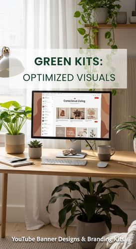 A serene workspace with plants and a monitor displaying a conscious living channel kit overlay text .jpg