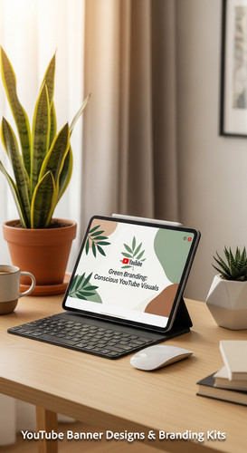 A serene workspace with plants and a tablet displaying a sustainability channel banner overlay text .jpg