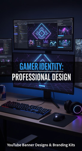 A tech desk with multiple screens one showing a cohesive gaming channel kit overlay text Gamer Ident.jpg