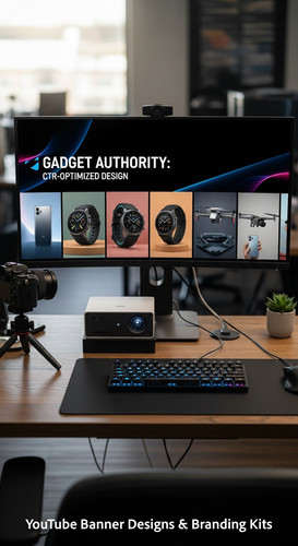 A tech reviewers desk with gadgets and a monitor showing a gadget review thumbnail grid overlay text.jpg