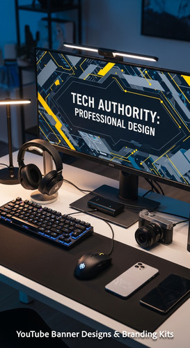 A tech reviewers desk with gadgets and a monitor showing a cohesive review channel kit overlay text .jpg