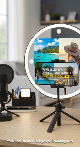 A sleek vlogger setup with a mirror and a phone showing a travel vlog thumbnail overlay text Travel .jpg