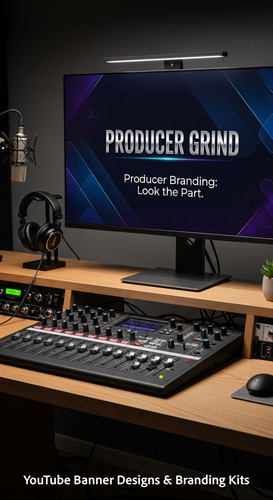 A modern studio desk with a mixing board and a monitor displaying a producer channel banner overlay .jpg